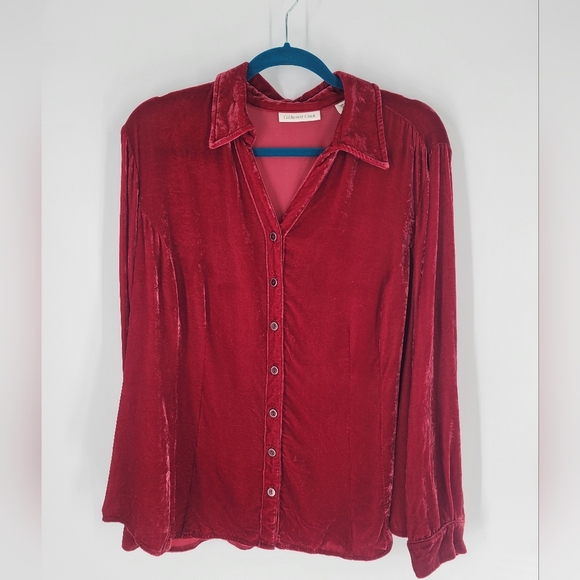 Coldwater Creek Velour Velvet Button Blouse Womens Plus Size 2X Red Floral Soft - Picture 1 of 5